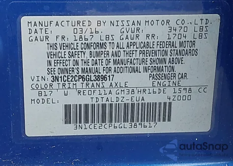 2016 Nissan Versa Note Sv z USA, uszkodzony, nr VIN 3N1CE2CP6GL389617